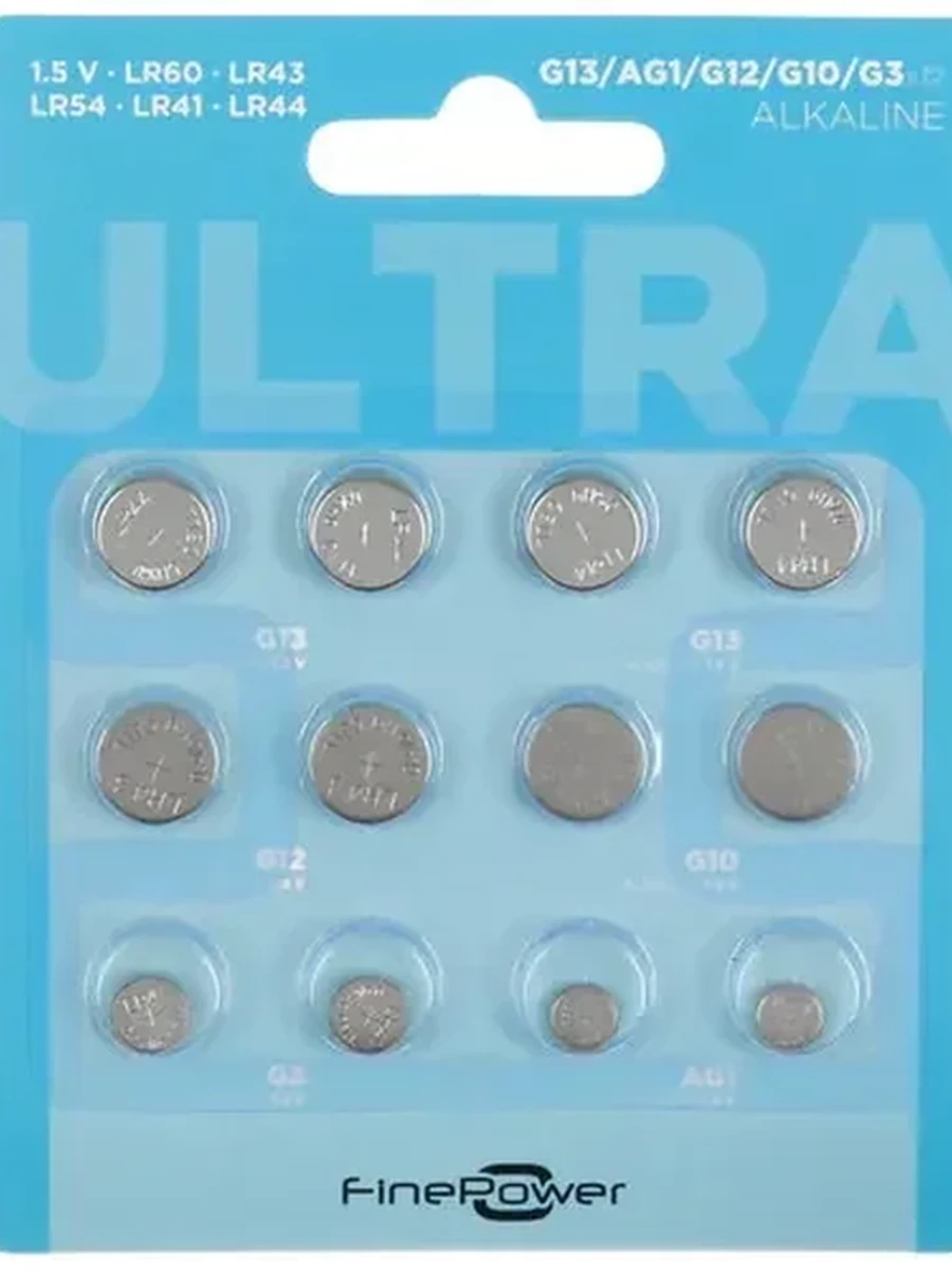 Батарейка FinePower Ultra [Набор, LR44, LR60, LR43, LR54, LR41, Щелочная, 12 шт.] [V.2]