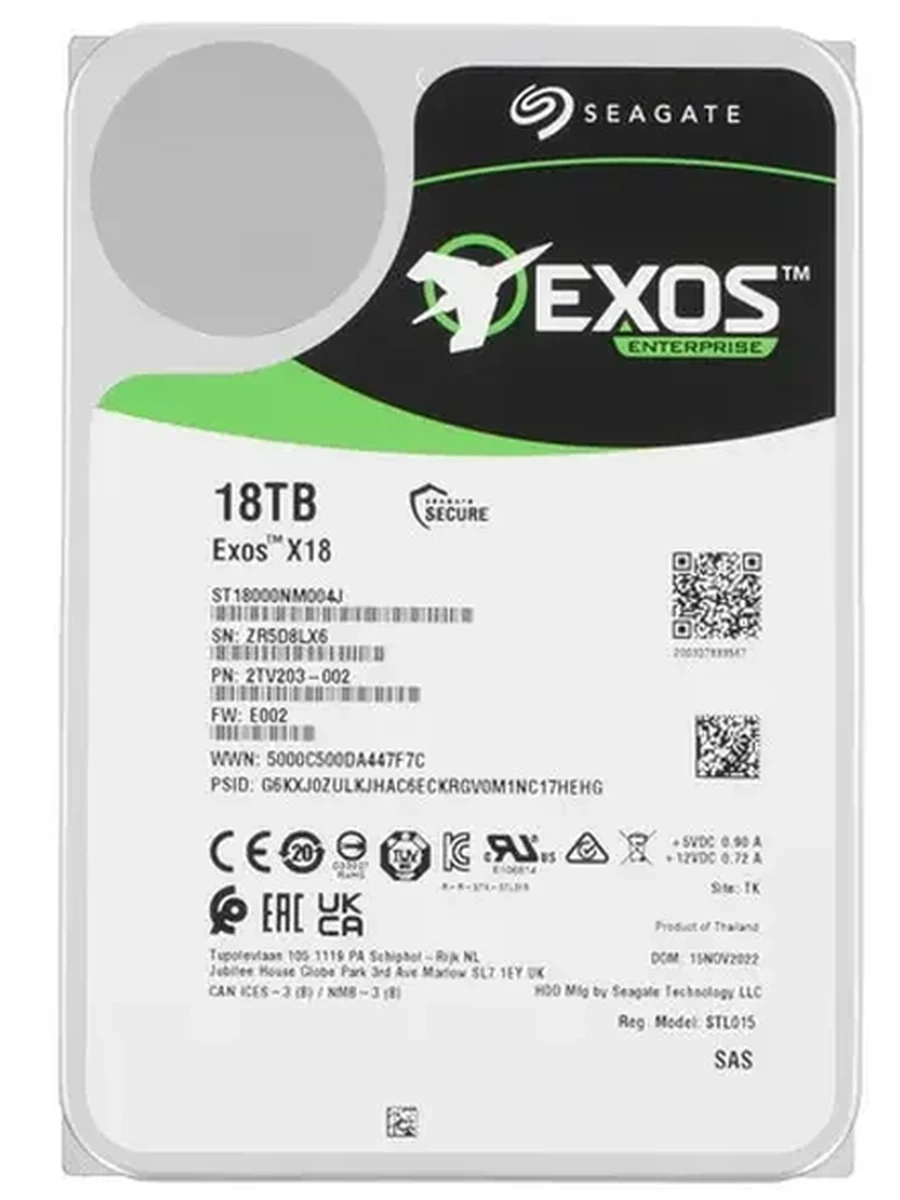 Жесткий диск 3.5" SAS 18Tb Seagate Exos X18 [ST18000NM004J] 7200 об/мин, Cache 256MB EU/CN