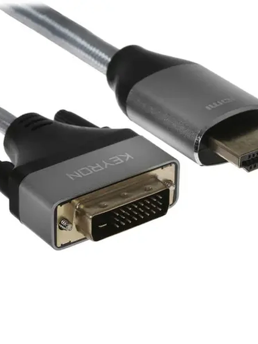 Кабель HDMI (M) - DVI-D (M) 1.8м, KEYRON H2D-018 [вер. 1.4; premium; 4K@30Hz; коннектор: металл; оплетка: нейлон; серый]