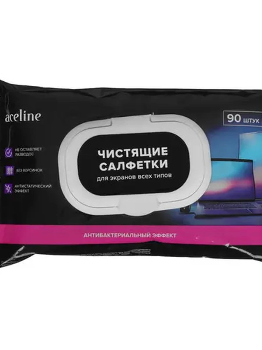 Салфетки в мягкой упаковке Aceline для экранов всех типов [двухслойные, плотные, 90шт]