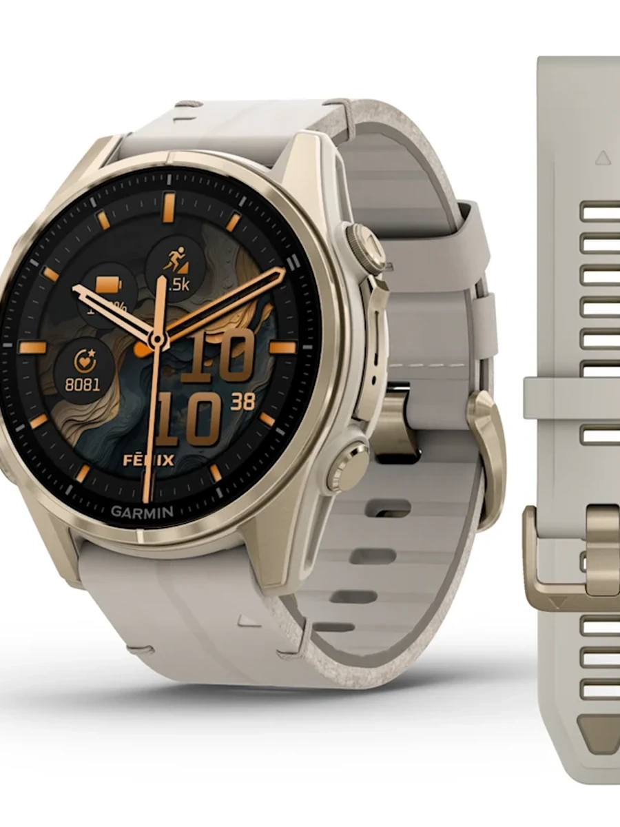 Умные часы Garmin Fenix 8 – 43 mm, AMOLED Sapphire, Soft Gold with Limestone Leather Band