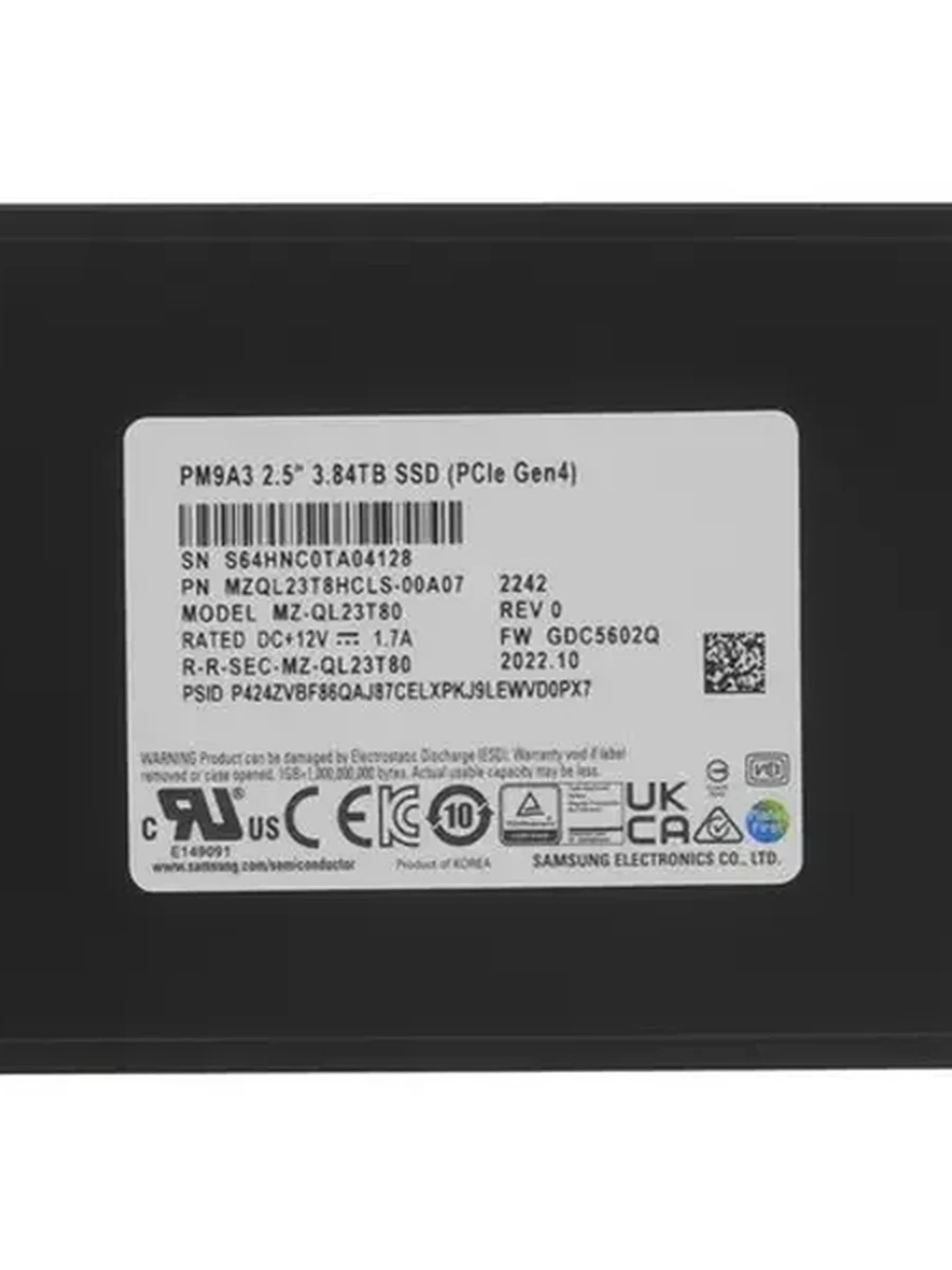 Твердотельный накопитель SSD 2.5" U.2 3,84Tb Samsung PM9A3 [MZQL23T8HCLS-00A07] TLC 3D NAND 1 DWPD (R6800/W4000MB/s) CN