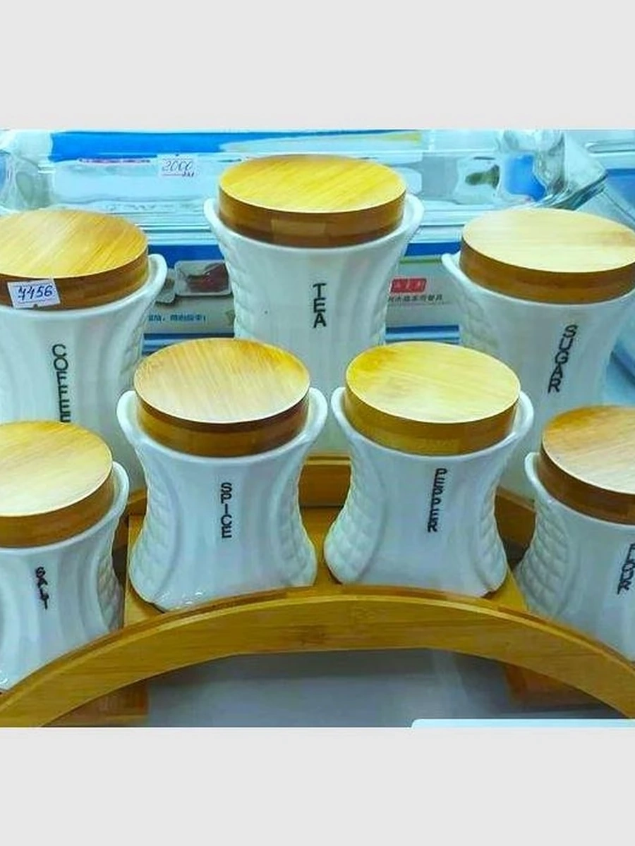 Банки 7в1 на деревянной подставки 3 штуки большие и 4 штуки маленькие