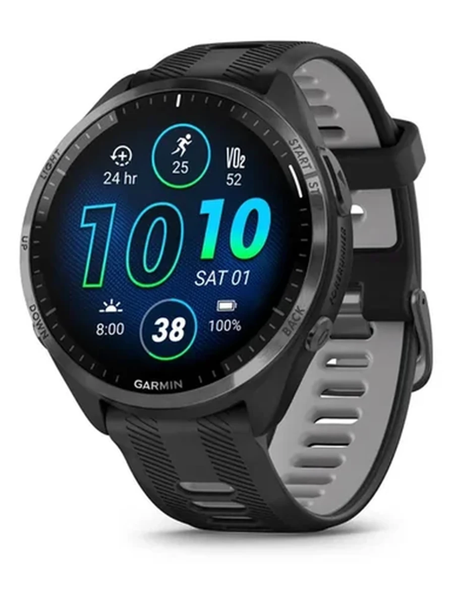 Forerunner® 965 Carbon Gray DLC Titanium Bezel with Black Case and Black/Powder Gray Silicone Band