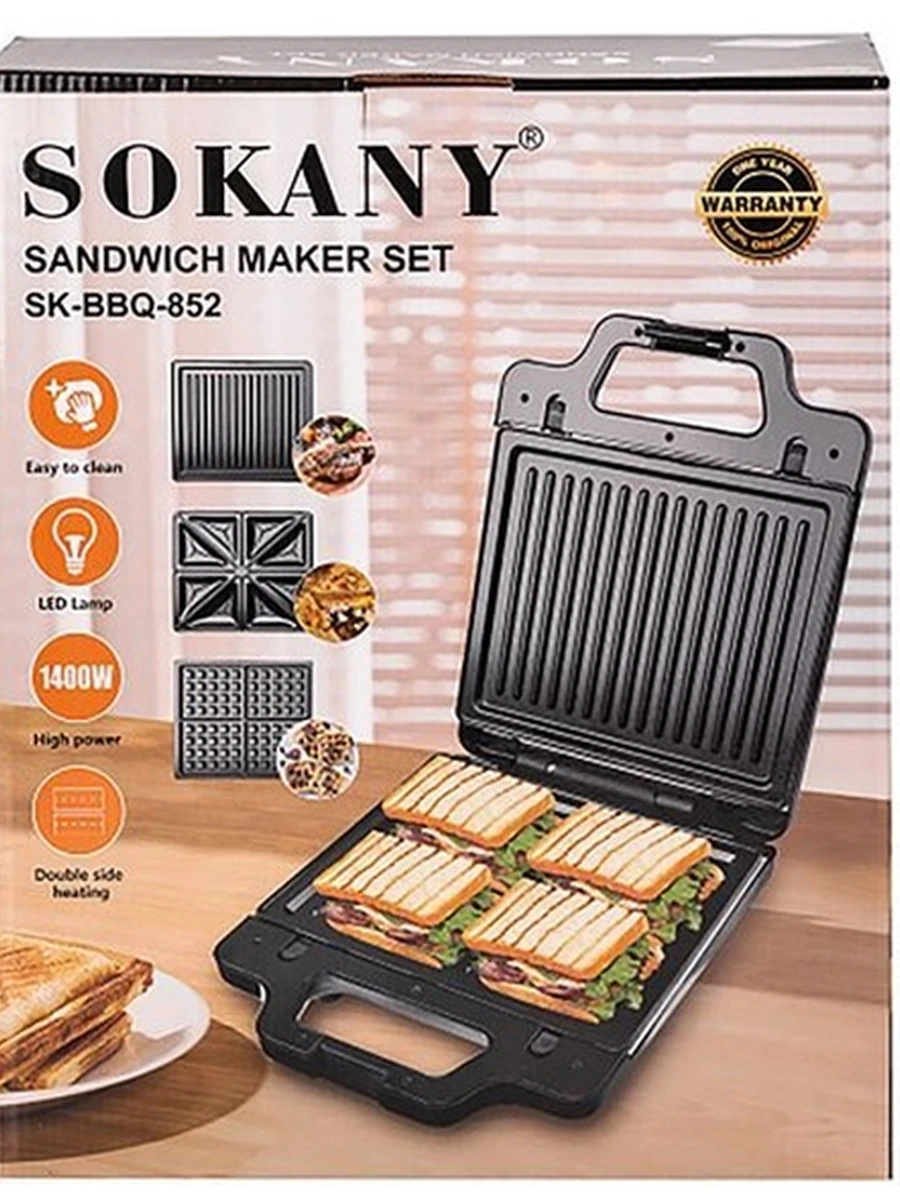 Мультипекарь Sokany SK-BBQ-852, с антипригарным покрытием, 1400 Вт, 3 пластины