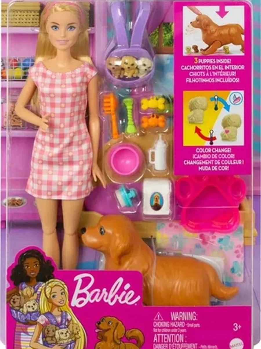 Кукла Mattel Barbie - Рождение собак/ Кукла блондинка, мама-собака, щенки и аксессуары
