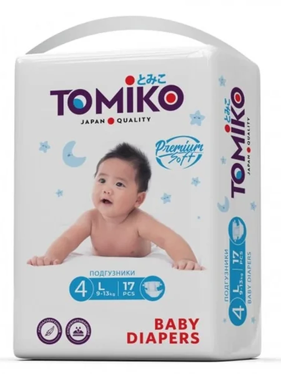 TOMIKO Подгузники Premium Soft на липучках (МИНИ-УПАКОВКИ) L (9-13 кг) 17 шт
