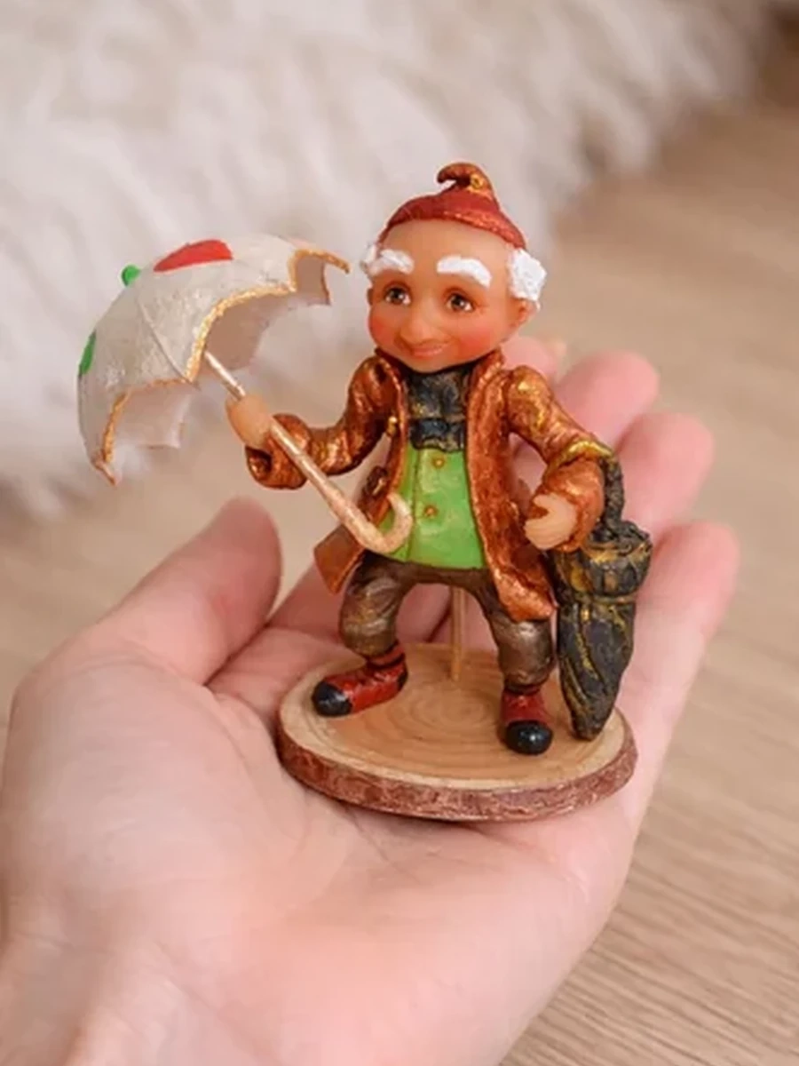 Ватная елочная игрушка Оле-Лукойе, ручная работа, сказочный гном 11 см