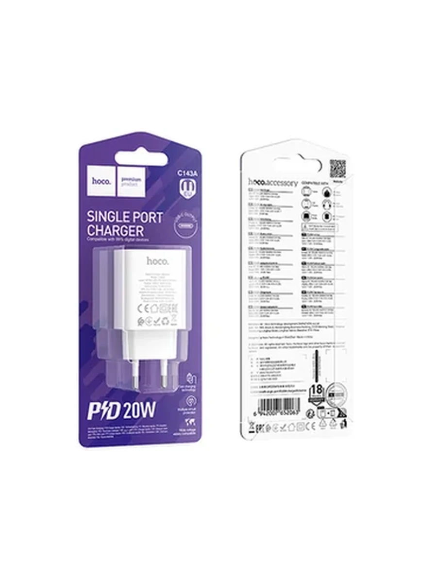 Сетевые адаптеры HOCO C143A Benefit single port PD20W charger(EU) white ch