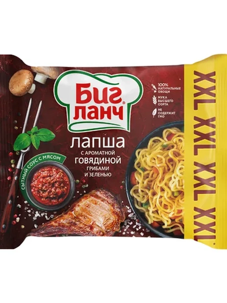ЛАПША БЫСТРОГО ПРИГОТОВЛЕНИЯ БИГ ЛАНЧ С АРОМАТОМ ГОВЯДИНЫ/ГРИБОВ/ЗЕЛЕНИ 100ГР