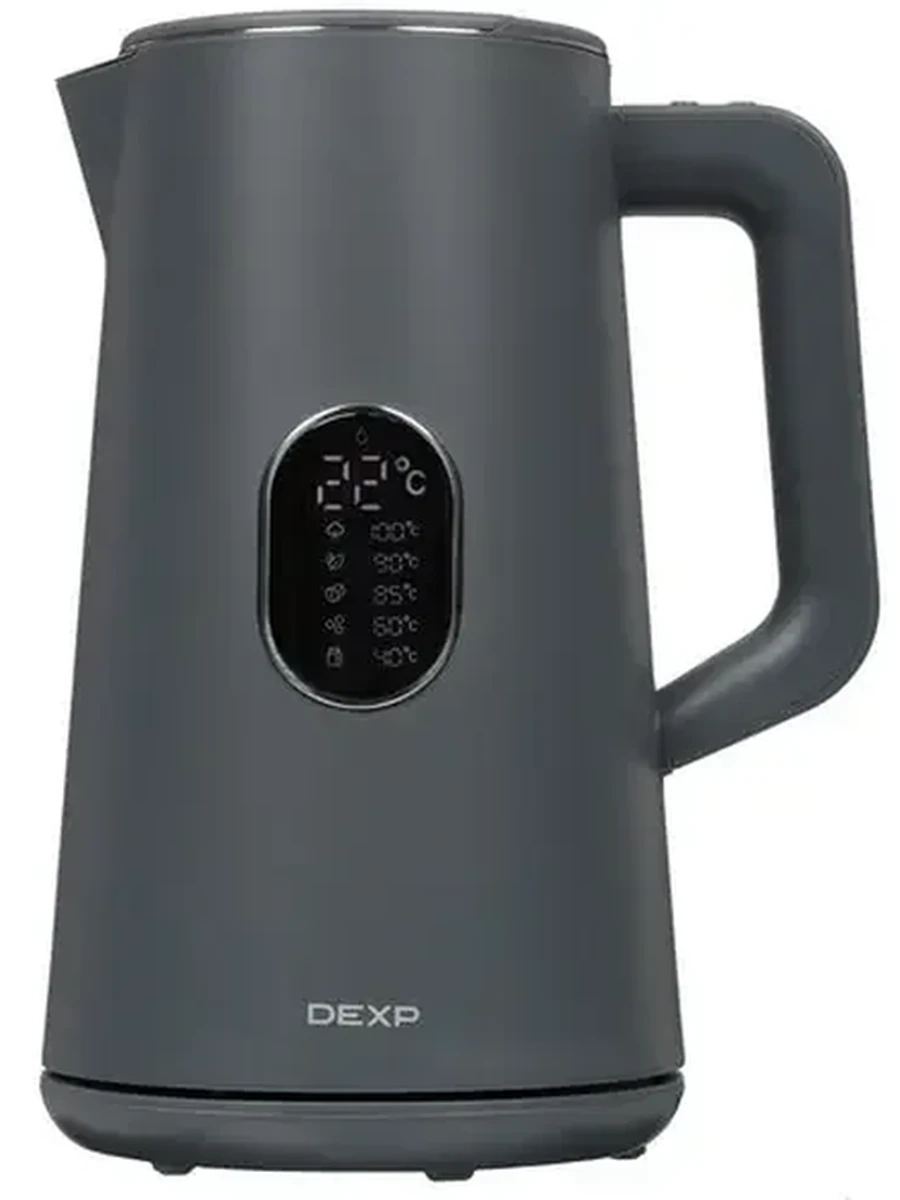 Электрочайник DEXP DK-834Y [пластик/металл, 1.5 л, управление с ручки, 2 режима поддерж.темп, LED-дисплей, STRIX] Серый