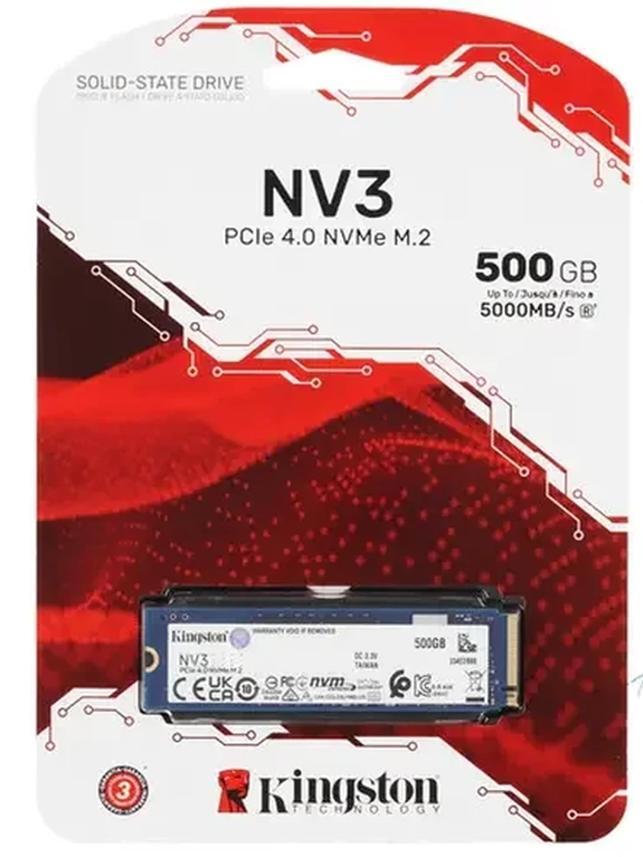 Твердотельный накопитель SSD M.2 2280 500Gb Kingston NV3 [SNV3S/500G] TLC 3D NAND (R5000/W3000MB/s)