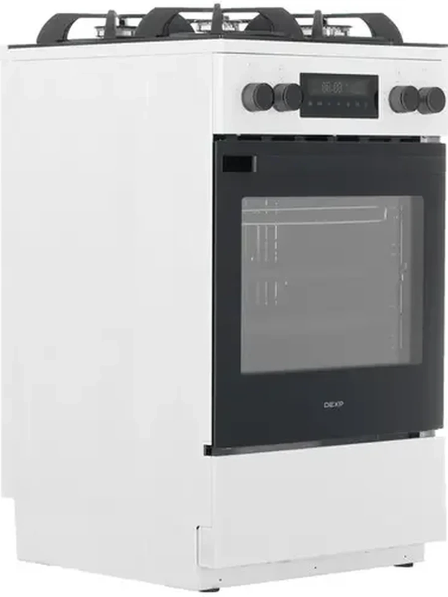 Комбинированная плита DEXP M35-2 [50 см, стеклокерамика, конф.-4, дух.-эл., 59 л, телескоп, эл-подж, реш.-чугун, ящик, дисплей] Белый