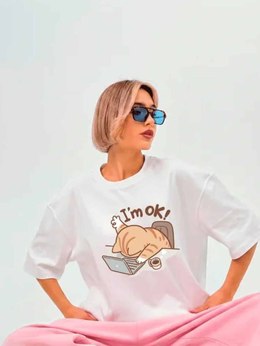 Футболка оверсайз Унисекс Белая XS-S “I’m OK”