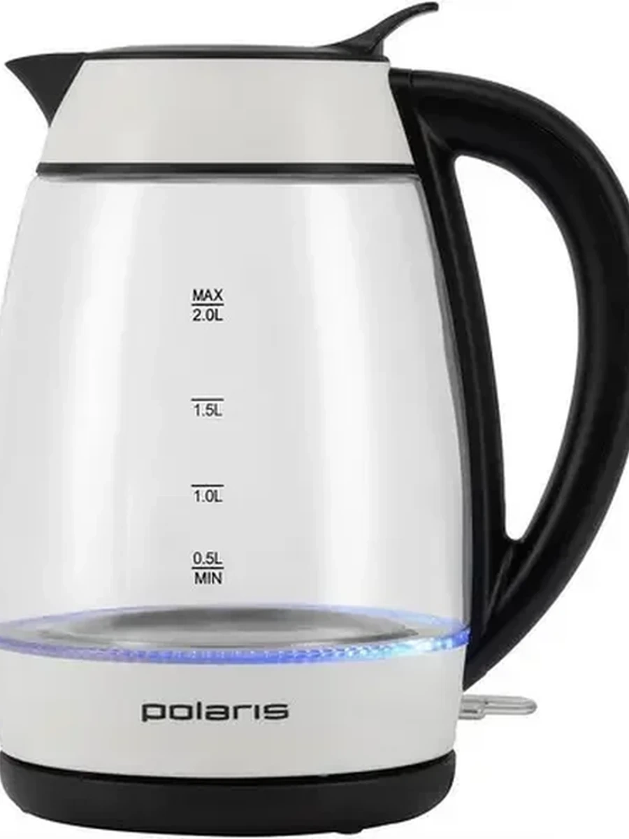 Электрочайник Polaris PWK 2006CGL [термостойкое стекло, 2 л, 2200 Вт, фильтр, скрытый нагревательный элемент, белый, прозрачный, черный]
