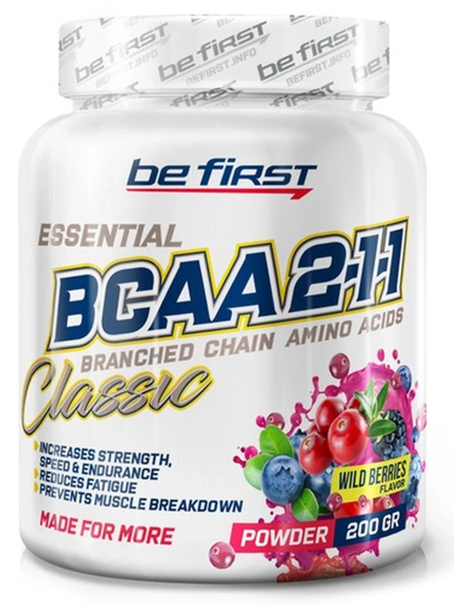 BE FIRST аминокислоты BCAA 2:1:1 Classic Powder 200 г, вкус "Лесные Ягоды"