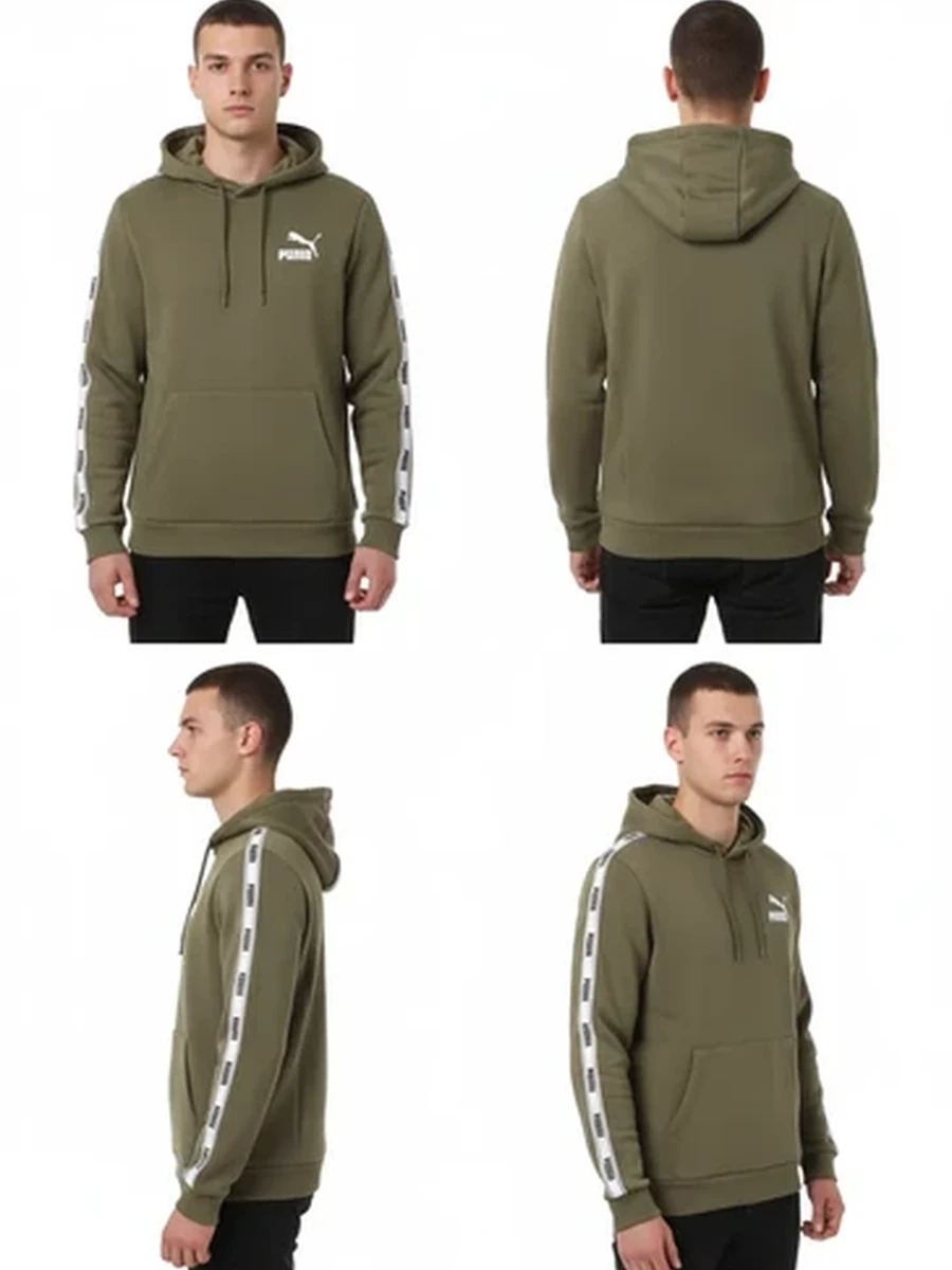 Мужская толстовка худи Puma с капюшоном и лампасами оливкового цвета