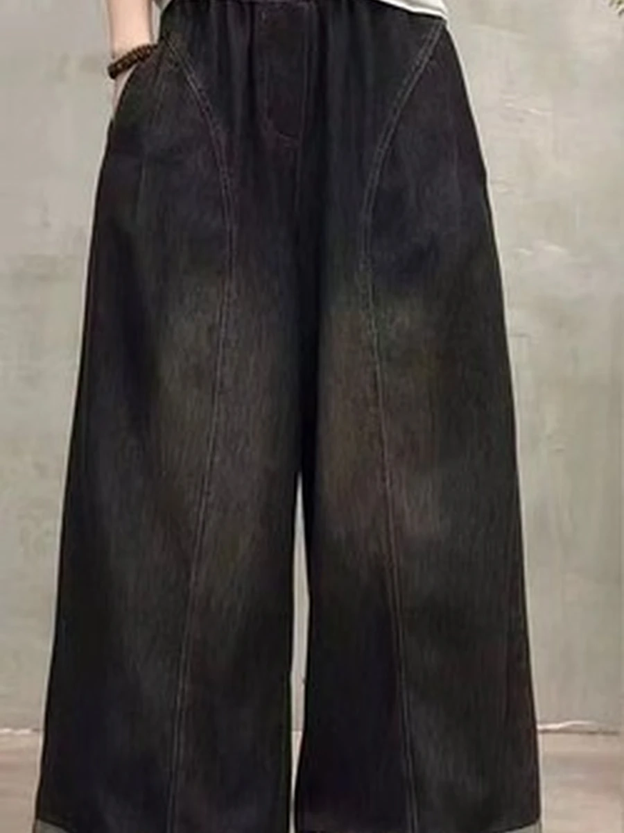 Модные женские джинсы широкие с эластичным поясом в стиле casual