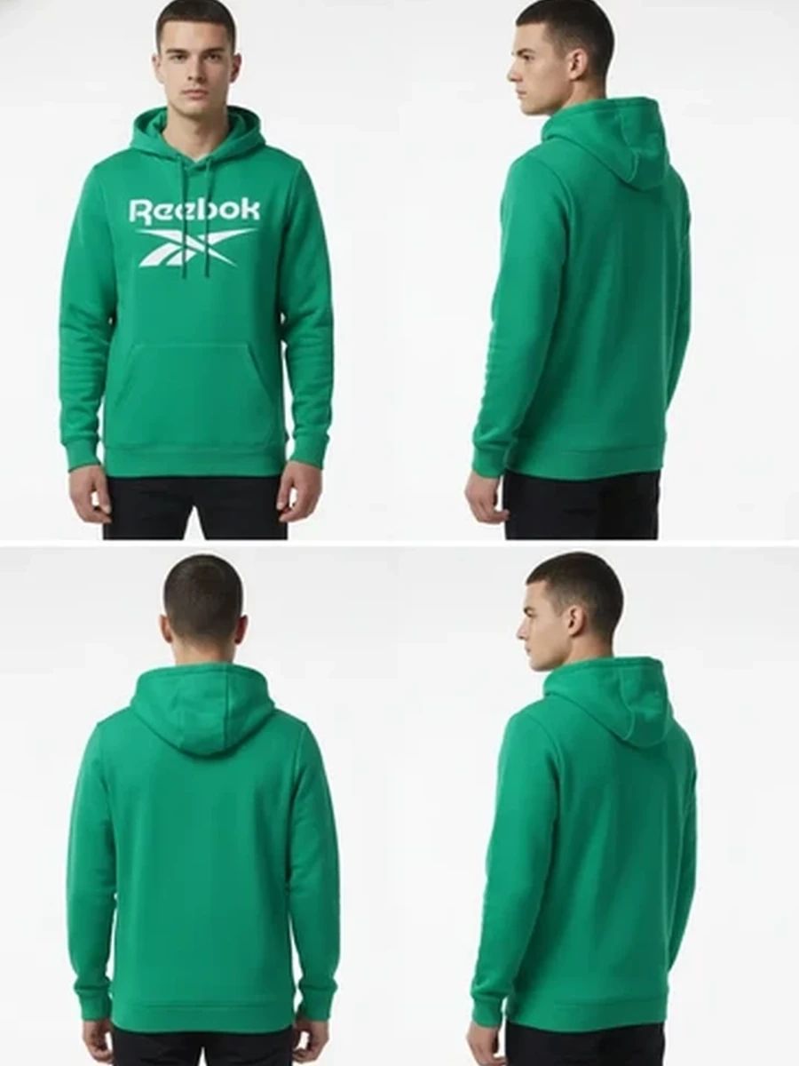 Худи Reebok мужское зеленое с капюшоном и большим логотипом