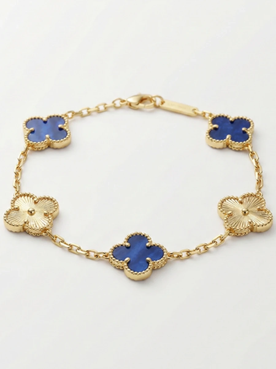 Браслет женский в стиле Van Cleef золотой с синим перламутром переливающийся