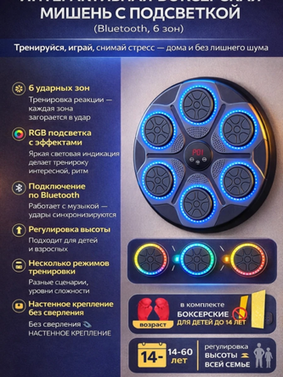 Интерактивная боксерская мишень с подсветкой (Bluetooth, 6 зон)