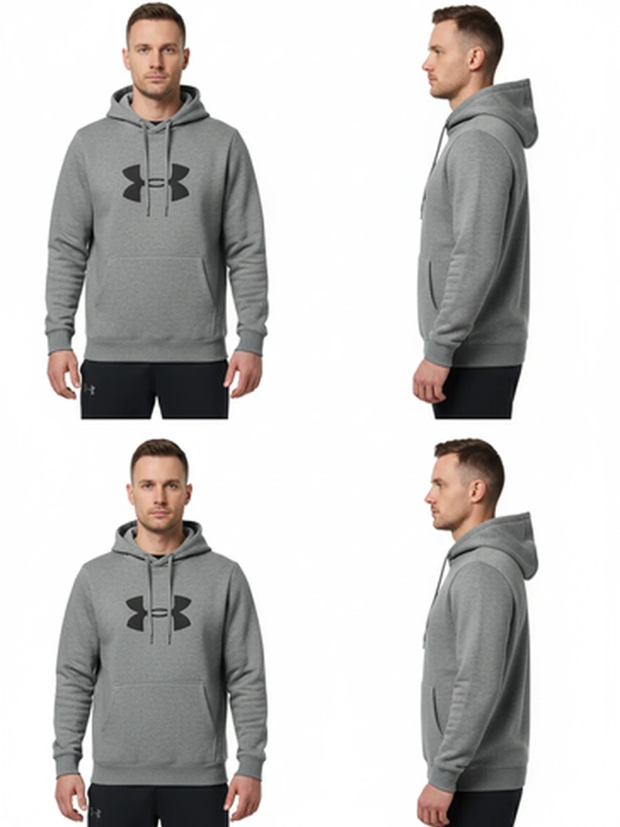 Мужское худи Under Armour серое с большим логотипом и капюшоном