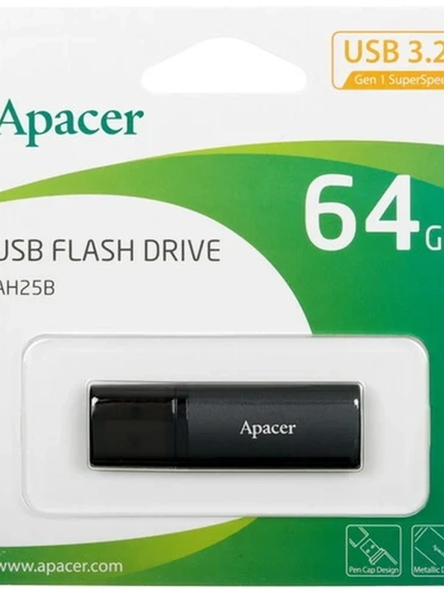 Память USB Flash Apacer AH25B [Type-A, 3.2 gen 1, 64 GB, металл/пластик, черный]