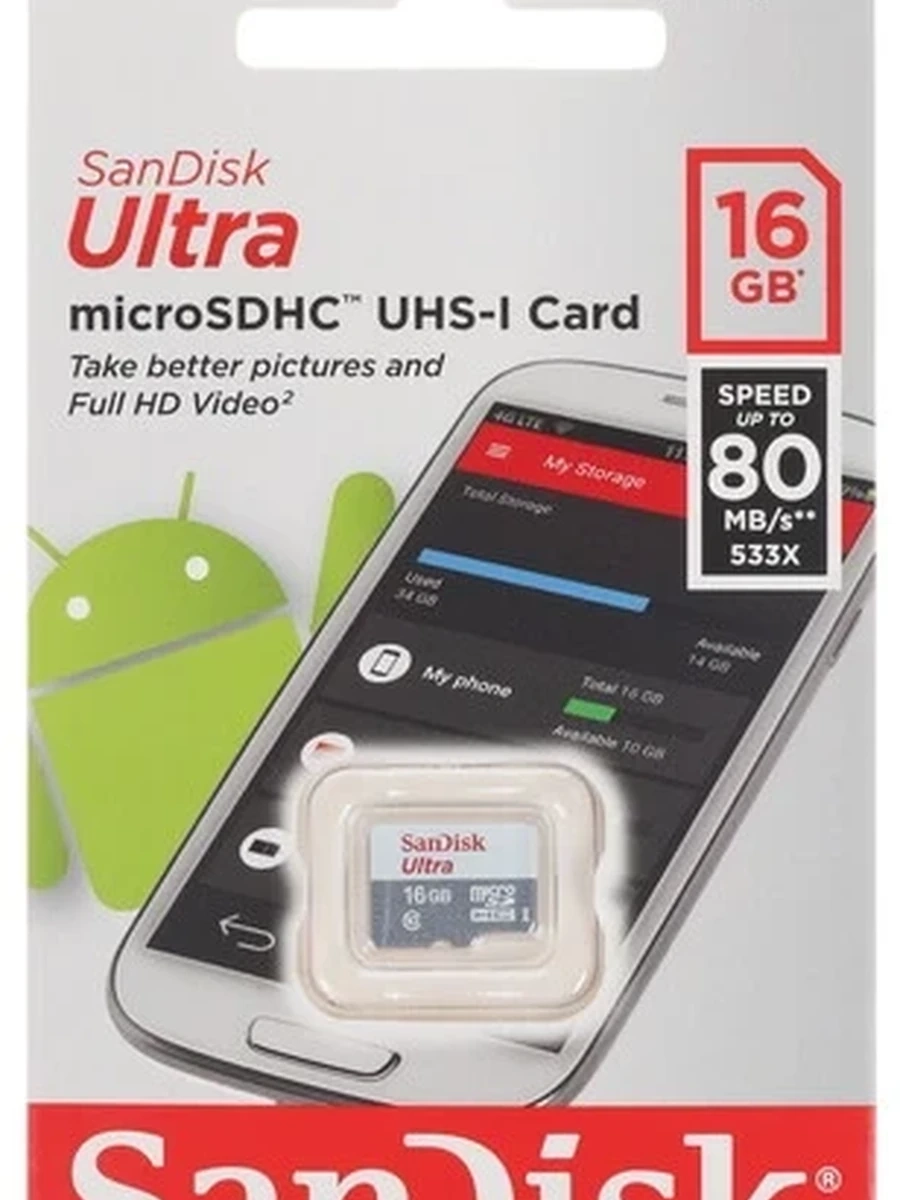 Карта памяти Sandisk Ultra [microSDHC, U1, 16 Gb, 80 Mb/s]