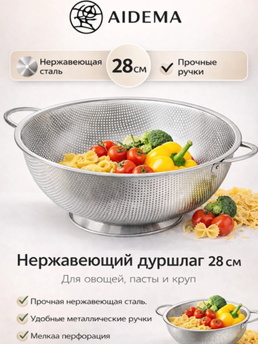 Дуршлаг из нержавеющей стали AIDEMA, 28 см — прочный кухонный дуршлаг с ручками