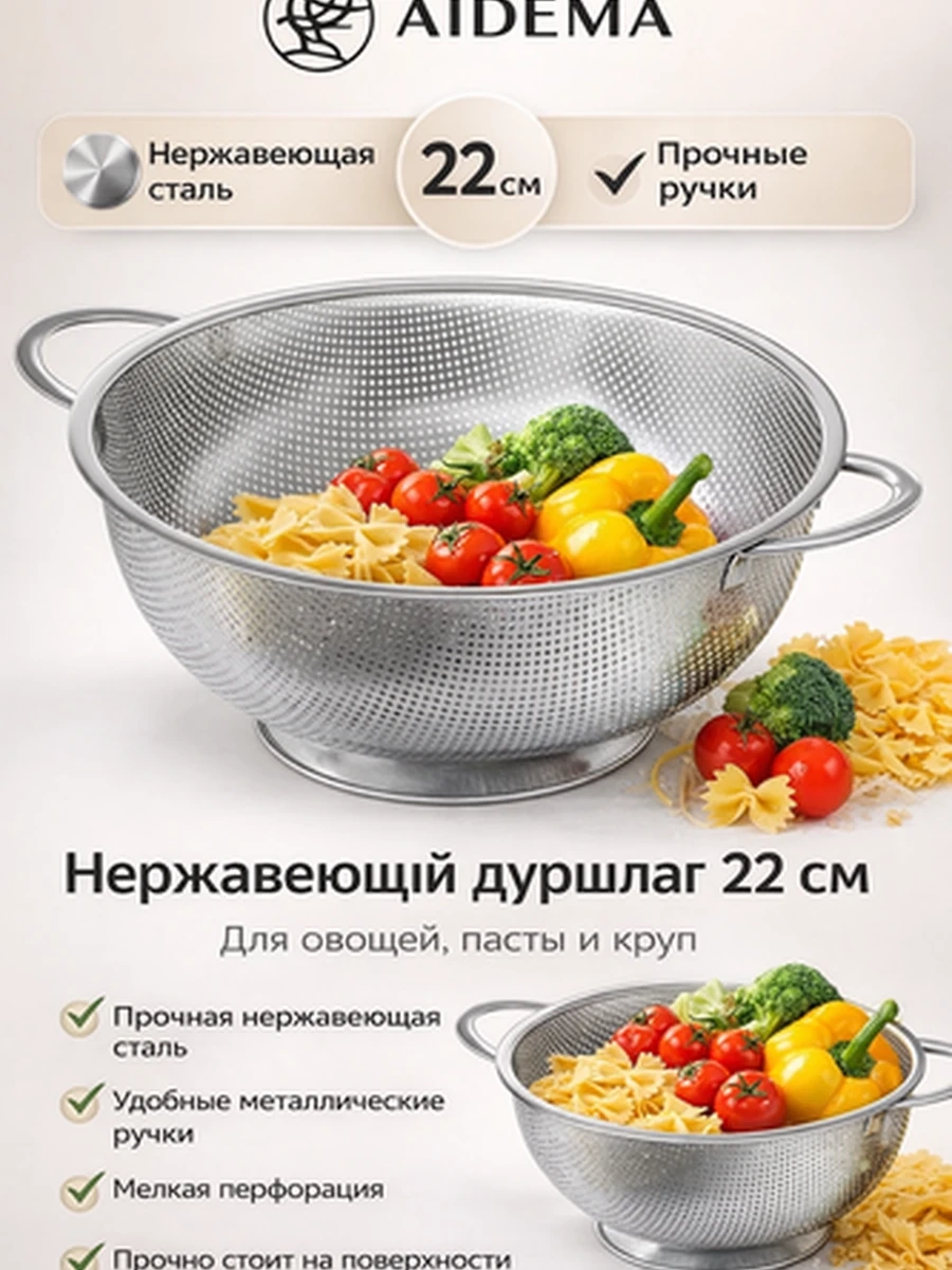 Дуршлаг из нержавеющей стали AIDEMA, 25 см — прочный кухонный дуршлаг с ручками