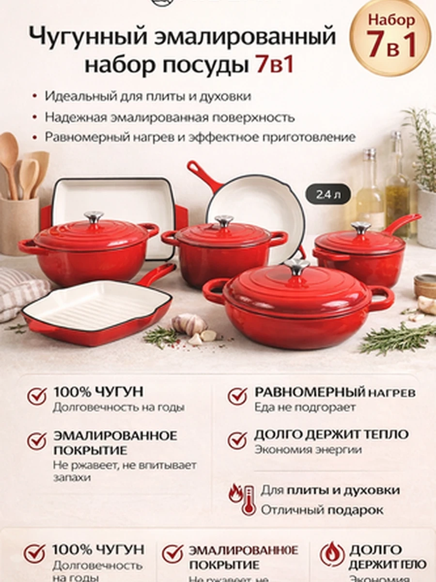 Чугунный эмалированный набор посуды AIDEMA 7 в 1 (красный)