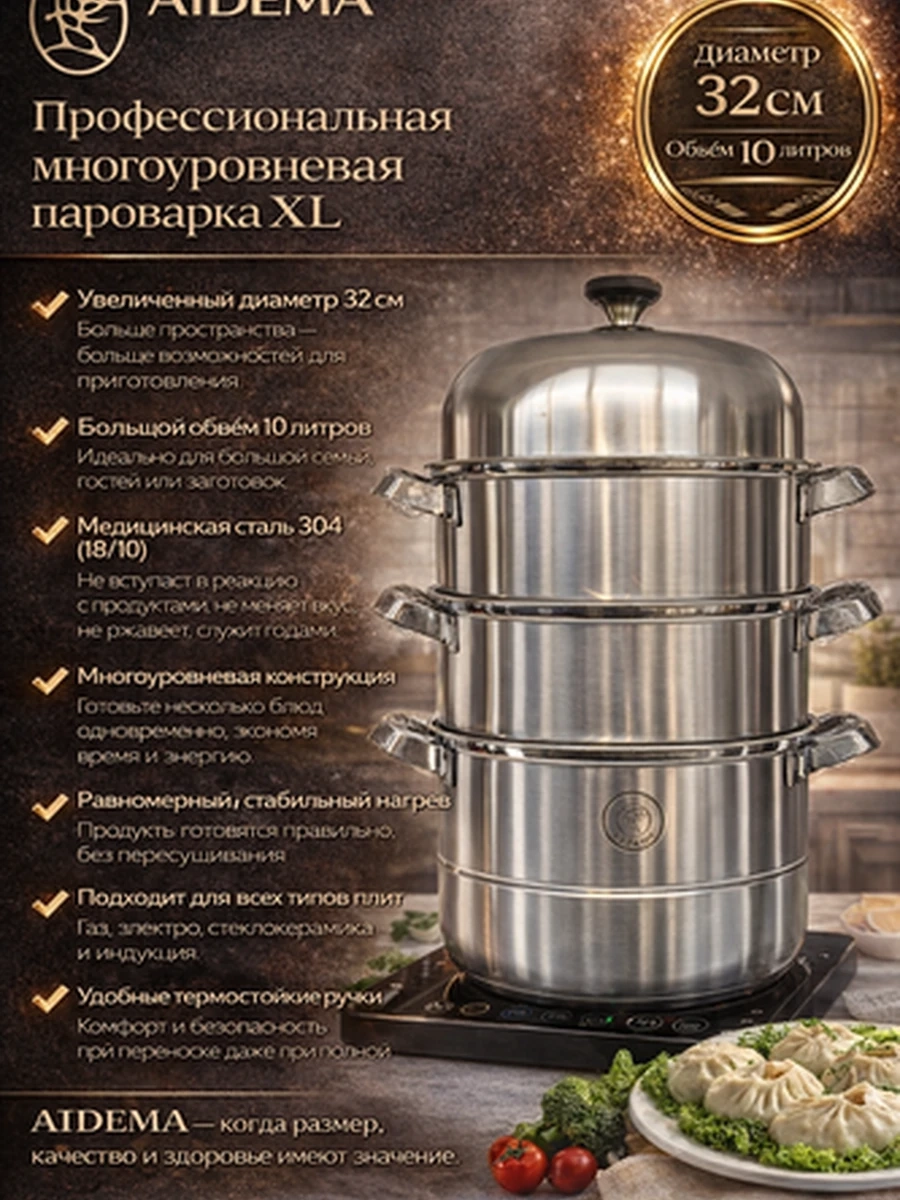 AIDEMA — Многоуровневая пароварка из медицинской нержавеющей стали 304 (32см 10л)