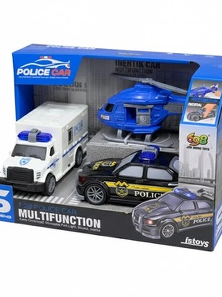 Игровой набор полицейской техники JIANSHENG «Police Car Multifunction» (вертолет, фургон и патрульная машина)