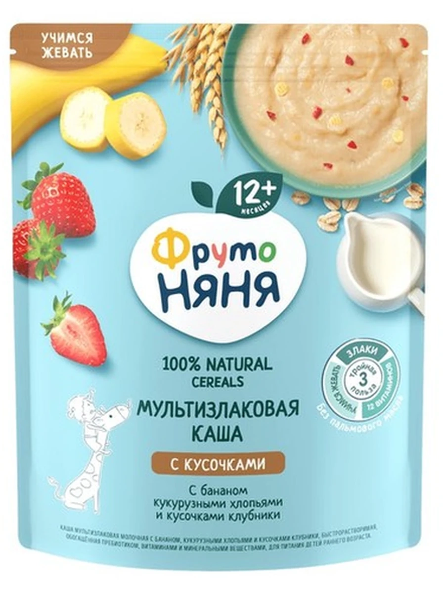 Фруто няня Молочная каша Мультизлаковая с бананом, кукурузными хлопьями и кусочками клубники, 200 гр