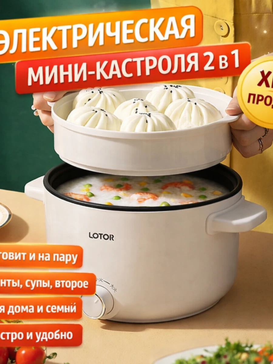 Электрическая мини-кастрюля 2 в 1 с пароваркой