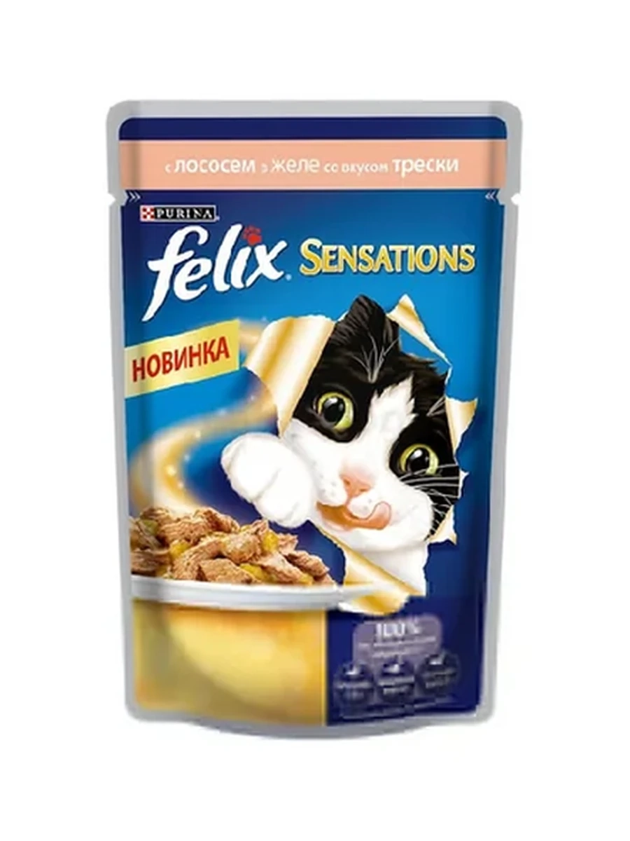 Корм д/кошек FELIX SENSATIONS с лососем в желе со вкусом трески 85гр