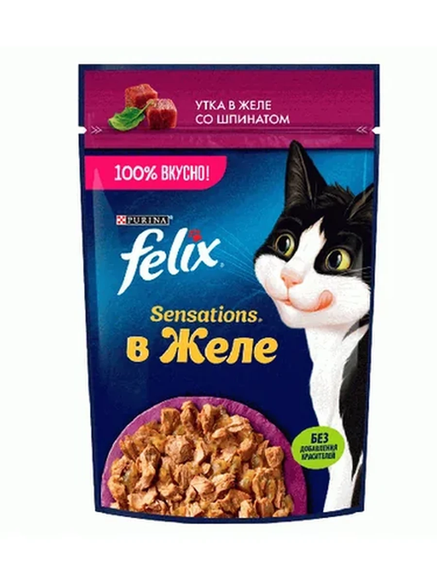 Корм д/кошек FELIX SENSATIONS с уткой в желе со шпинатом 85гр