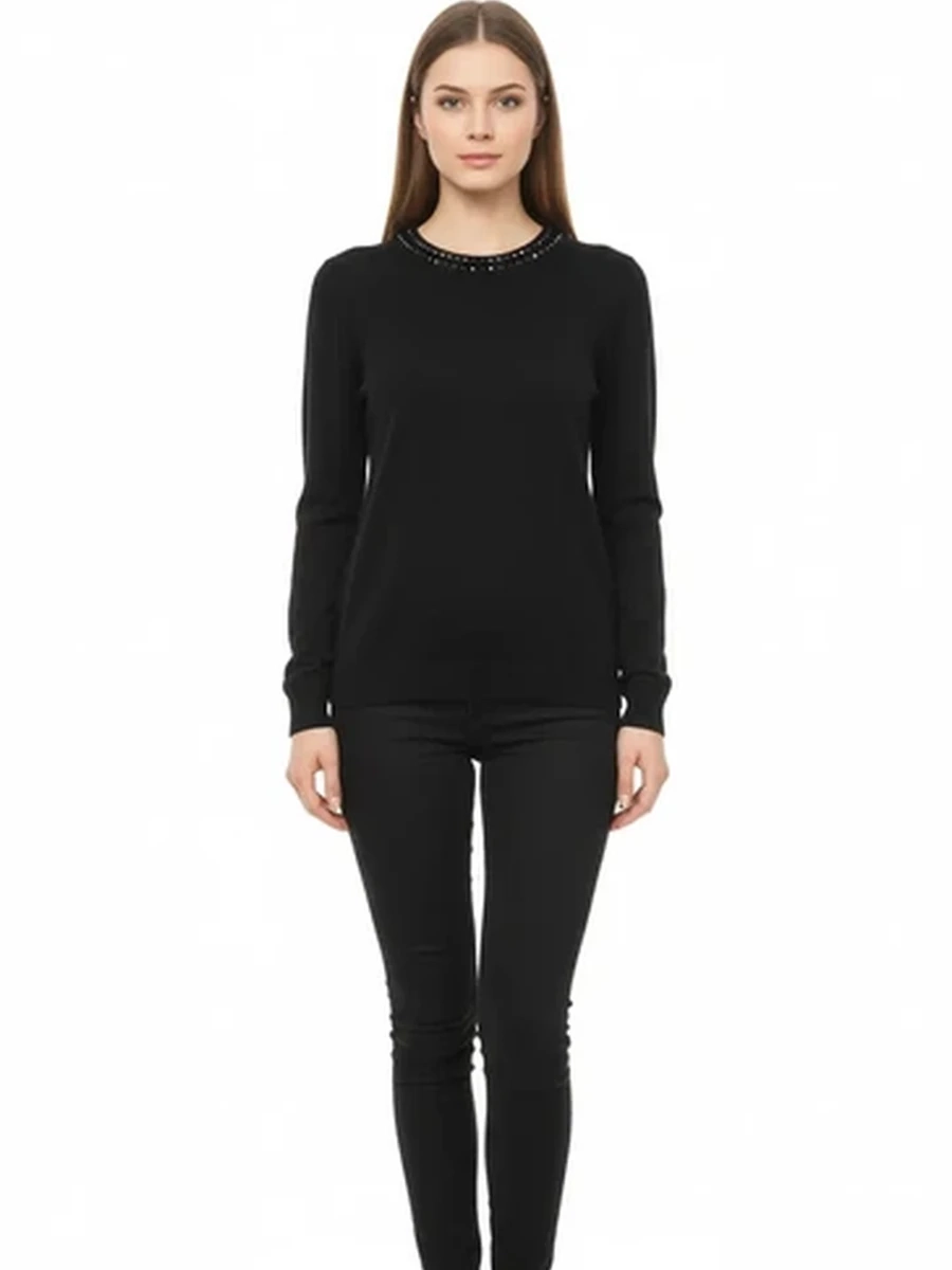 Женский черный свитер Kazee с длинным рукавом и декором на вороте