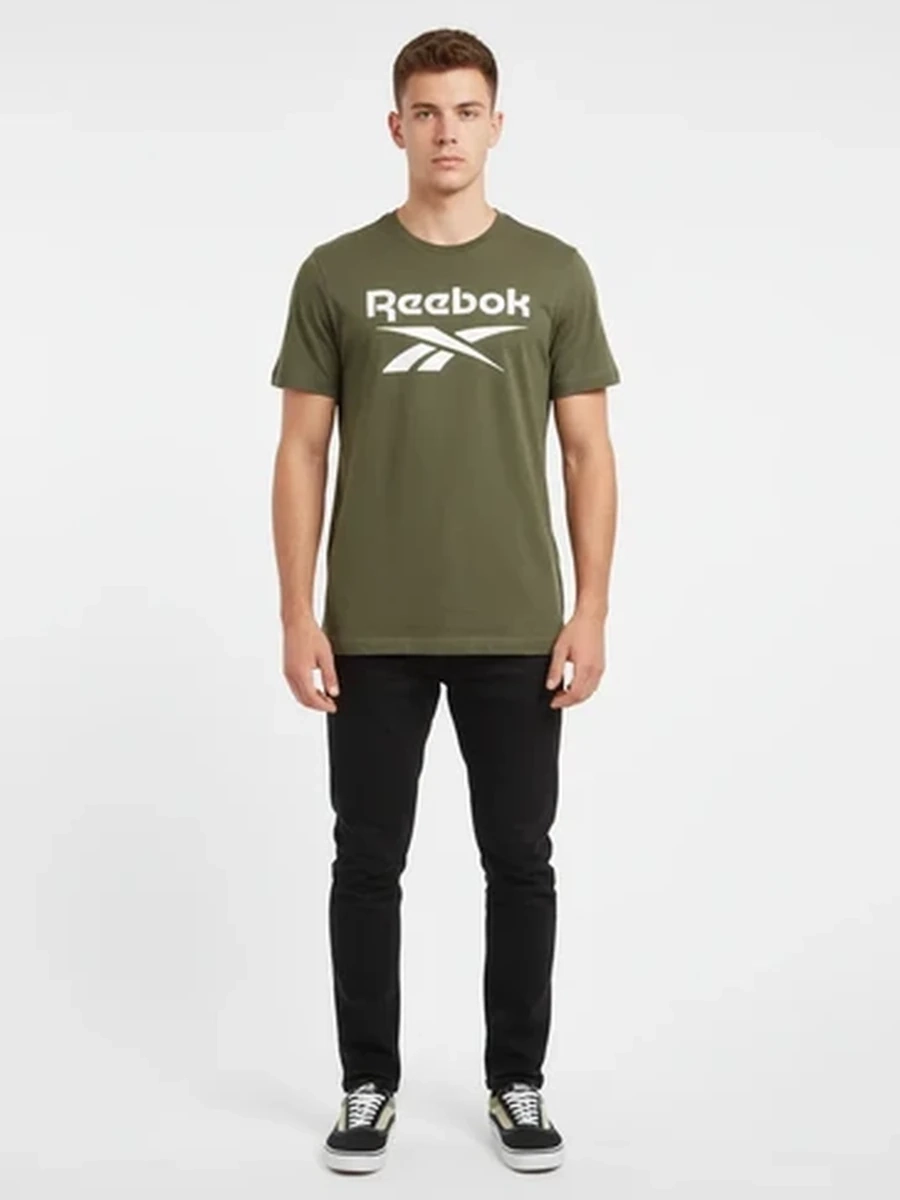 Мужская хлопковая футболка Reebok цвета хаки с большим логотипом для спорта