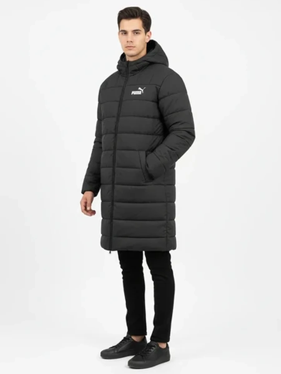 Пальто мужское Puma удлиненное стеганое зимнее черное с капюшоном