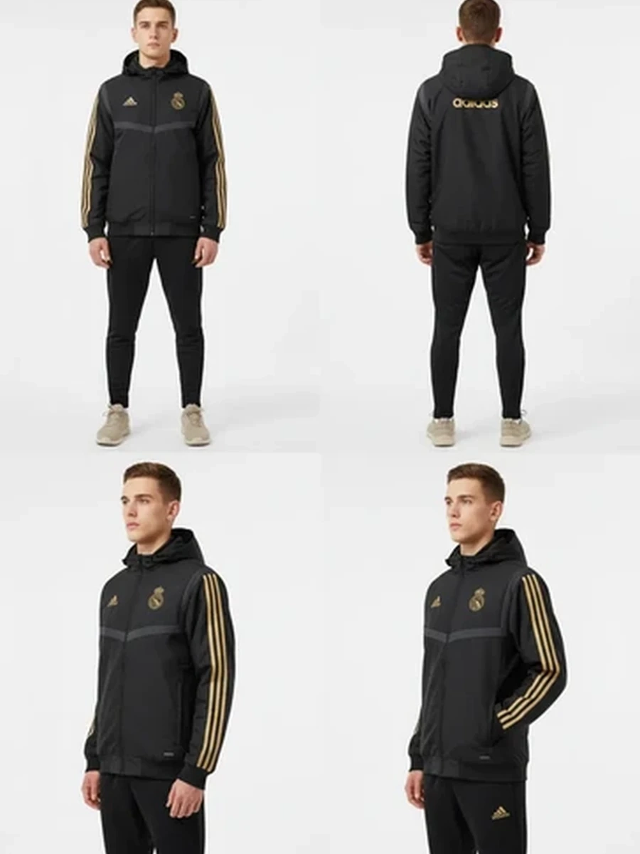 Мужская спортивная олимпийка Adidas Real Madrid черная с золотыми деталями