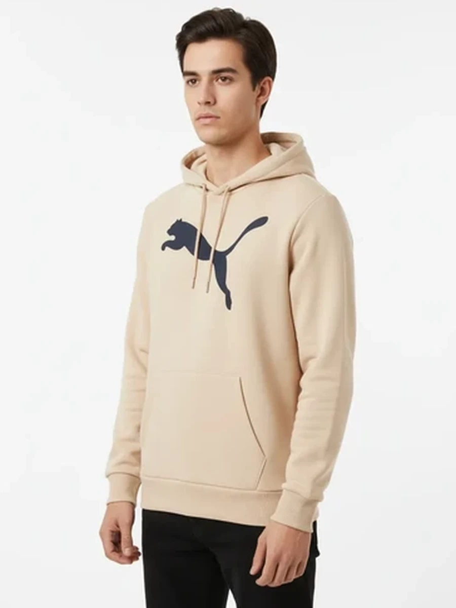Худи мужское Puma бежевое с большим логотипом и капюшоном