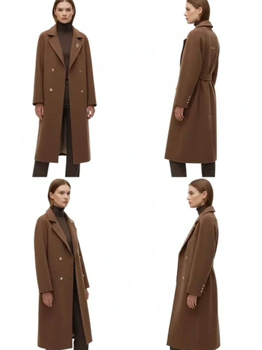Пальто женское двубортное MaxMara длинное осеннее-зимнее с поясом бежевое