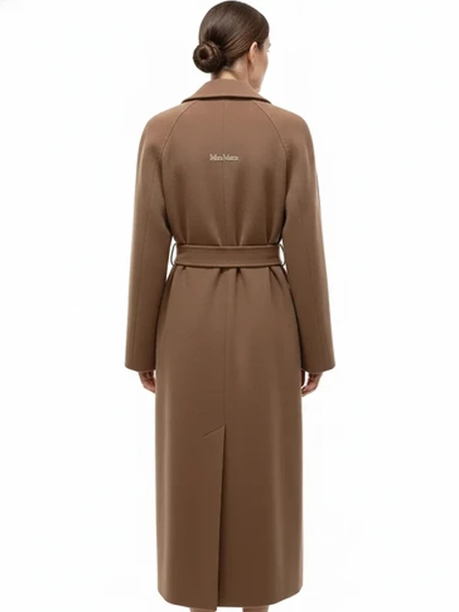 Пальто женское двубортное MaxMara длинное коричневое с поясом