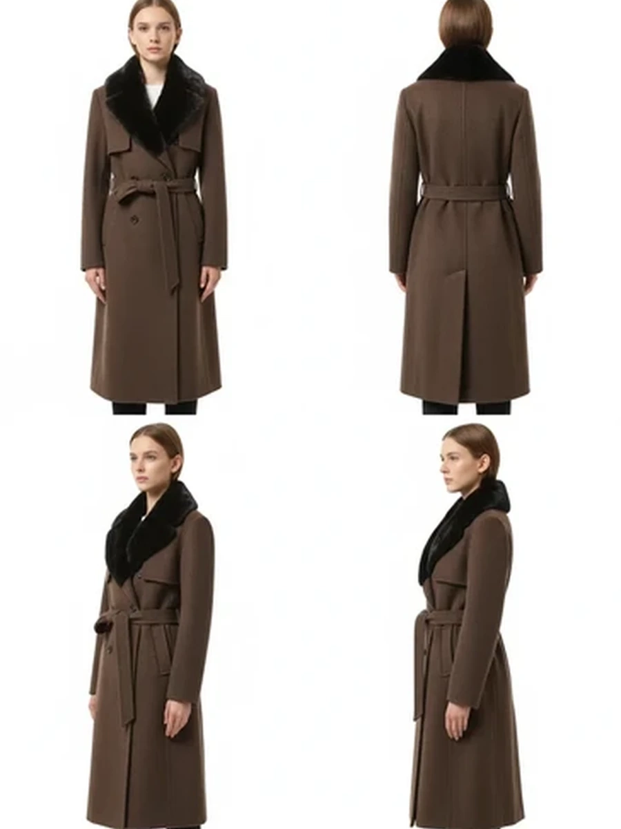 Длинное женское двубортное пальто MaxMara с меховым воротником