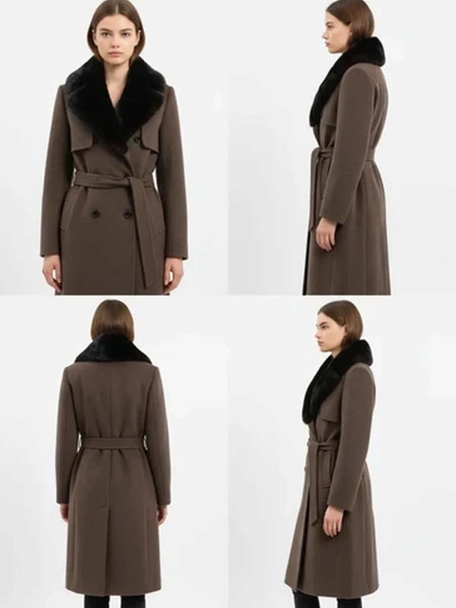 Женское зимнее пальто MaxMara с меховым воротником двубортное