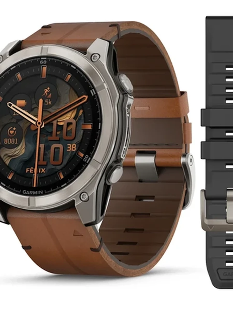 Garmin Fenix 8 – 51 mm, AMOLED Sapphire, Titanium with Chestnut Leather Band (Кожанный ремешок в подарочной коробке)