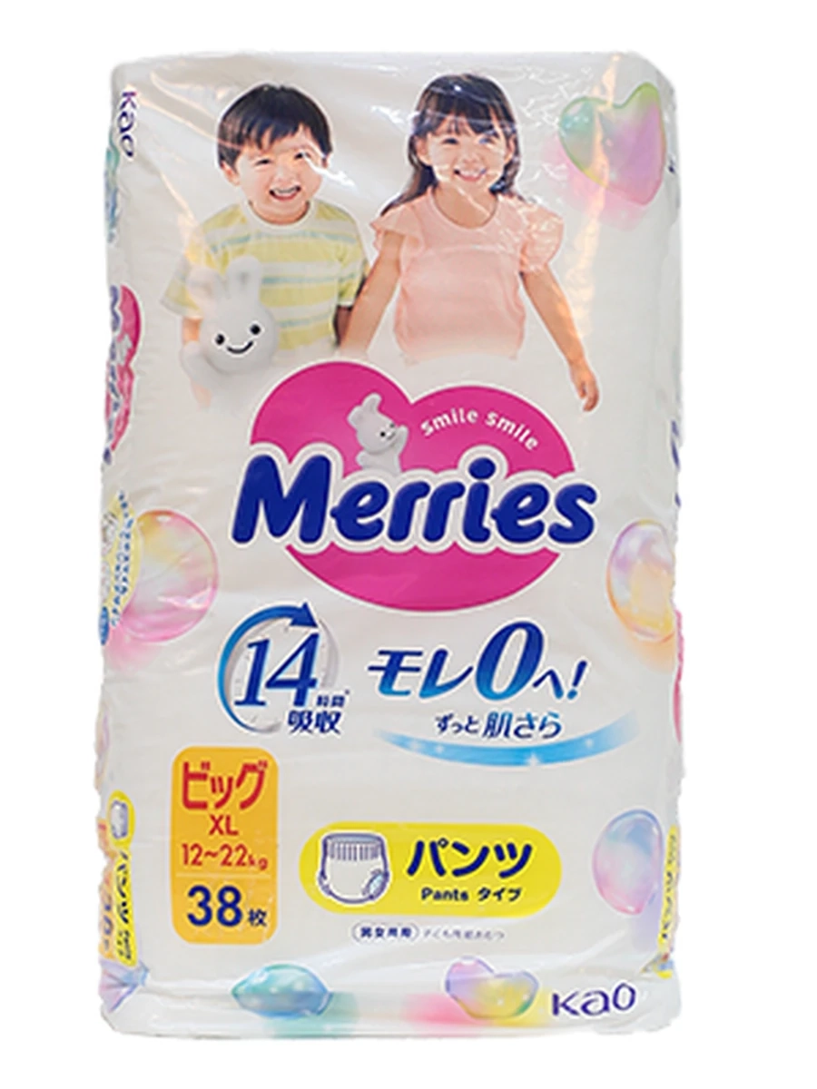 Японские трусики Merries Air Through, размер XL (12-22 кг), в упаковке 38 шт.