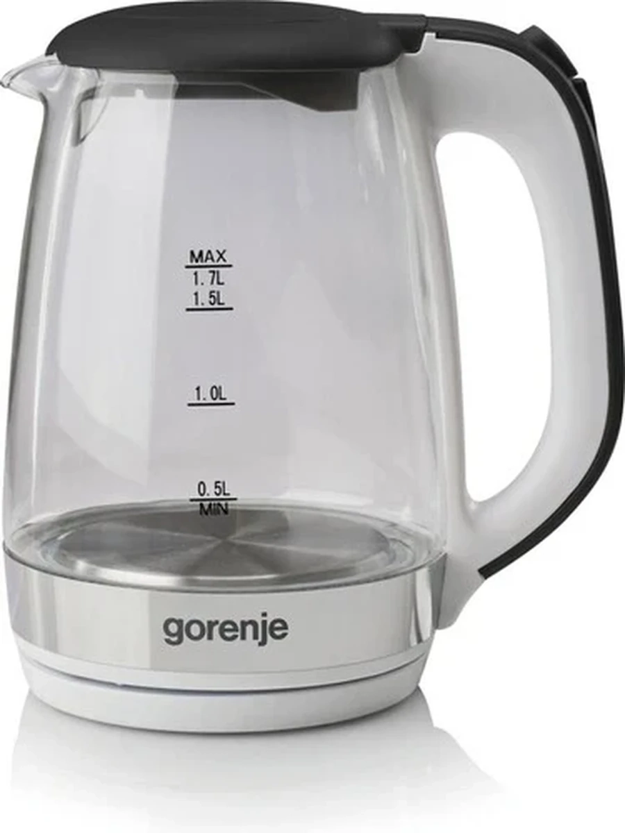 Электрочайник Gorenje K17GXG [металл, стекло\пластик, 1.7 л, 2200 Вт, фильтр, скрытый нагревательный элемент, белый, серебристый, черный, в комплекте: