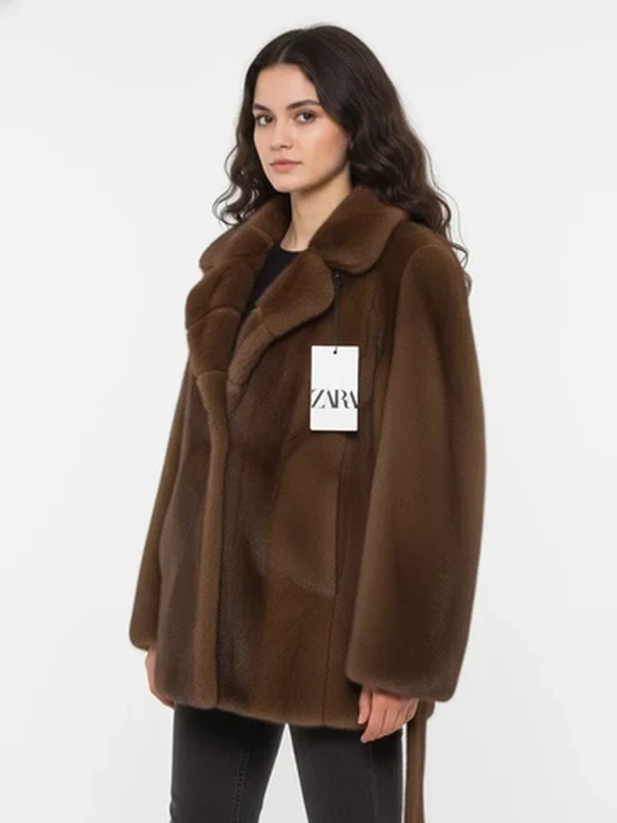 Женская короткая шуба Zara из искусственного меха с поясом коричневая